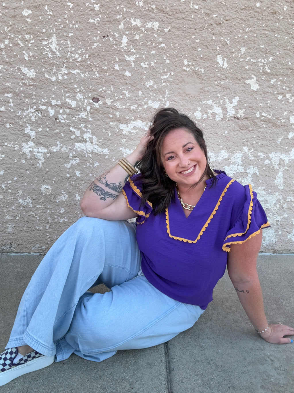 Purple & Gold Ruffle Trim Blouse