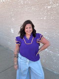 Purple & Gold Ruffle Trim Blouse