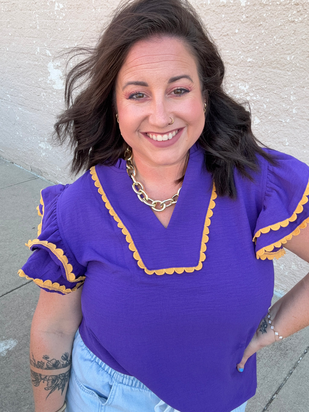 Purple & Gold Ruffle Trim Blouse
